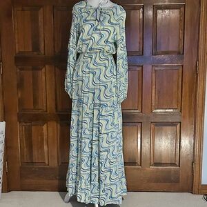 Skemo Blue Yellow Long Dress Beaded Ruffle Hem Small Maxi Tiered Boho Abstract